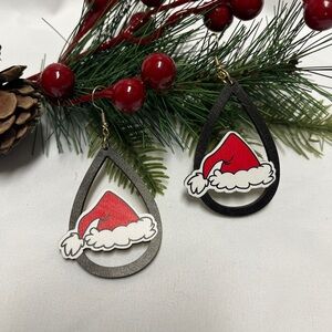 Santa Hat Teardrop Earrings, NIP, lite weight wood, bright colors, 2” x 1.5”